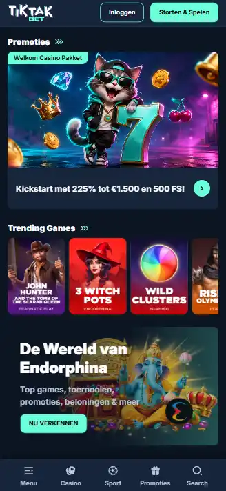 Weergave van de officiële TikTakBet-site in een mobiele browser met navigatie en een productsectie zichtbaar