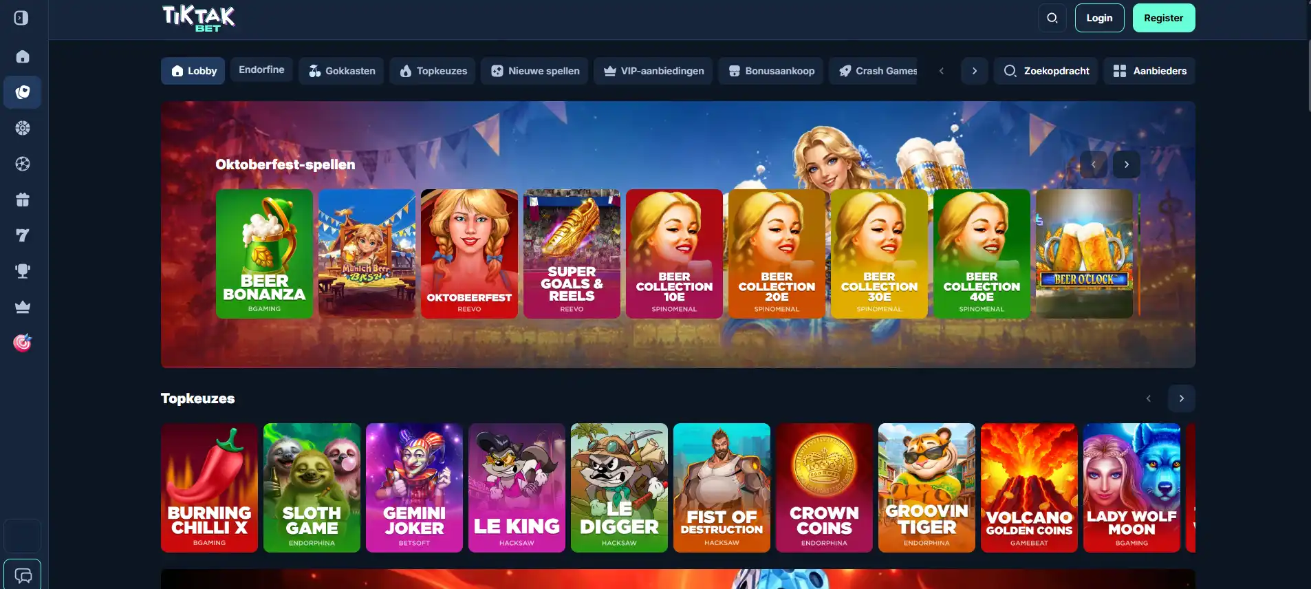 Weergave van de actuele TikTakBet game lobby met meerdere spelcategorieën en providers zichtbaar