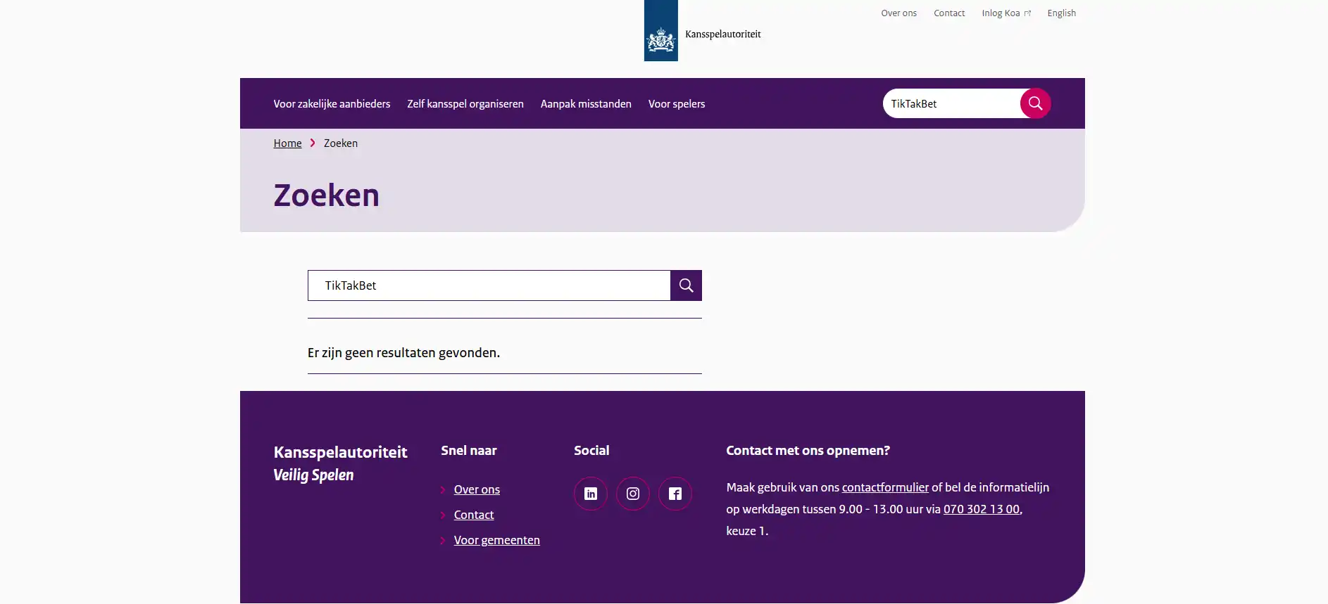 Weergave van de KSA Kansspelwijzer bij controle van TikTakBet en de operator