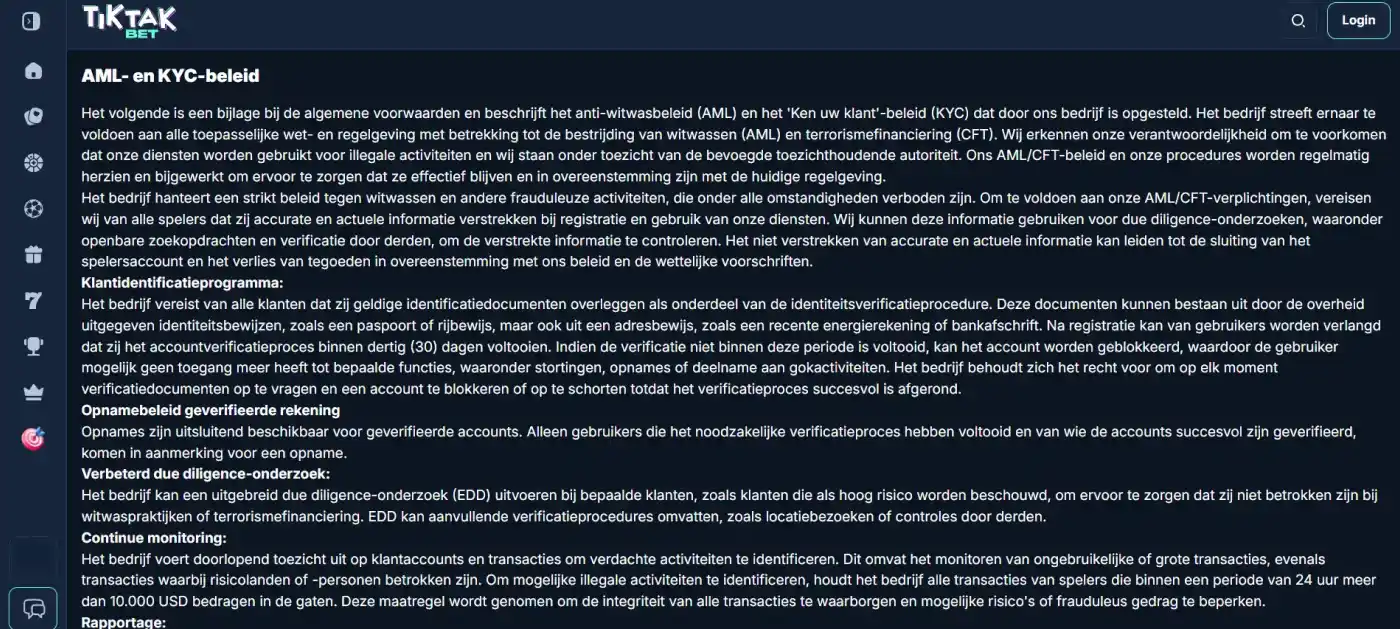 Weergave van de officiële TikTakBet AML- en KYC-pagina met de zichtbare verificatie-instructies
