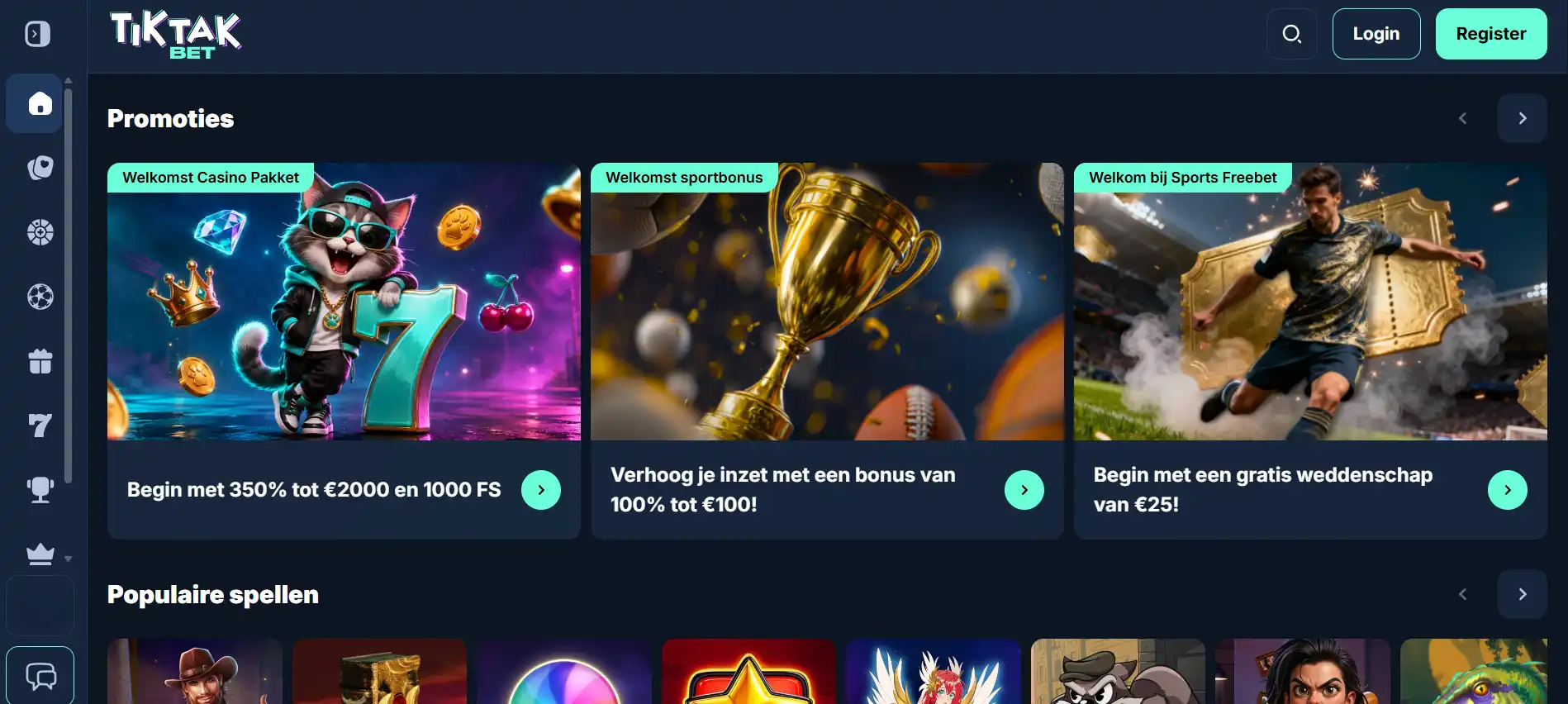 Echte screenshot van de officiële TikTakBet homepage in desktopweergave